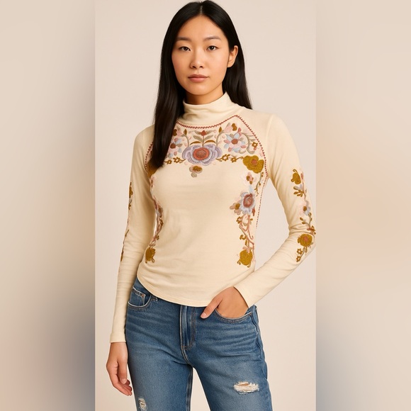 Free People Embroidered Floral Peasant Top Boho Cottagecore Cream Small Petite - Picture 1 of 9